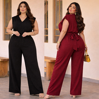 Macacão Ju Feminino Plus Size e Slim Social Com Tira Amarração Cintura Pantalona Longo Moda Evangélica Elegante Mulher em Oferta na Shopee