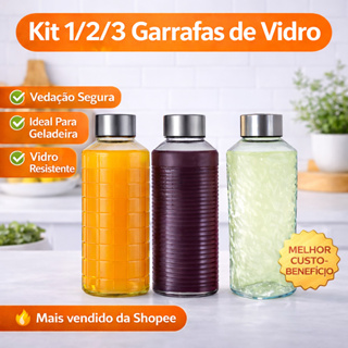 Garrafa de Vidro 1L com Tampa Inox | Kit 1 2 ou 3 Unidades | Não Vaza | Para Geladeira | Effect Chess Lines em Oferta na Shopee