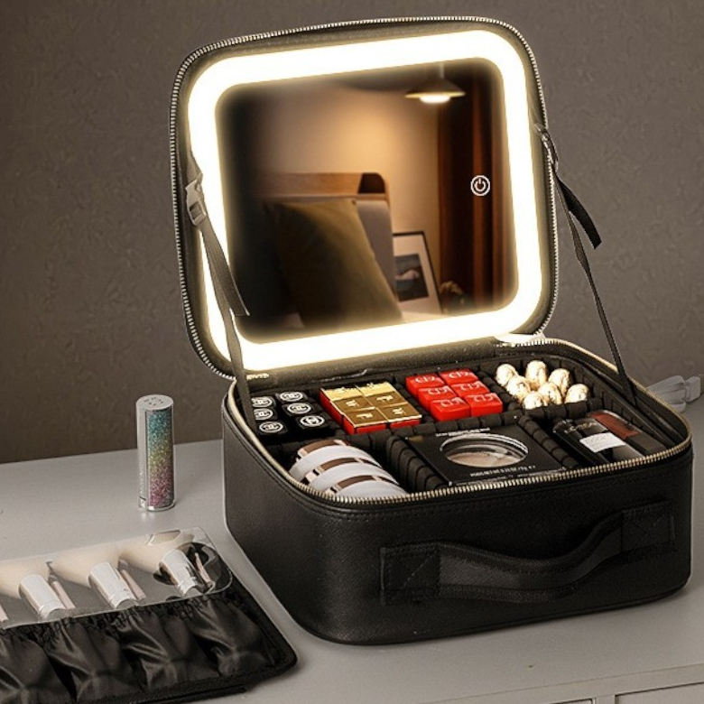 Maleta LED  de Maquiagem Nécessaire De Couro Com Espelho - Camarim portatíl em Oferta na Shopee