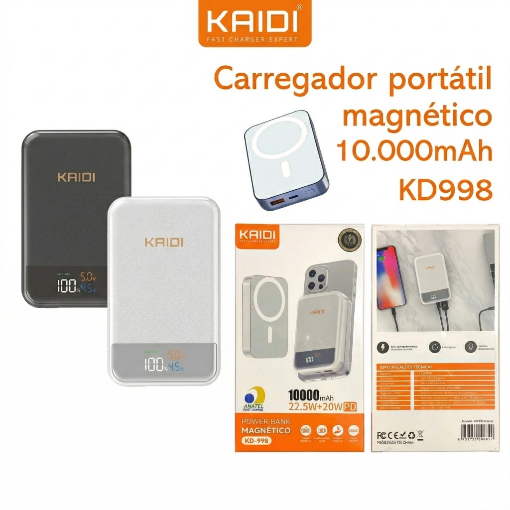 Carregador Portátil Power Bank Kaidi KD-998 10000mAh – Indução Wireless + PD – Compacto e Potente