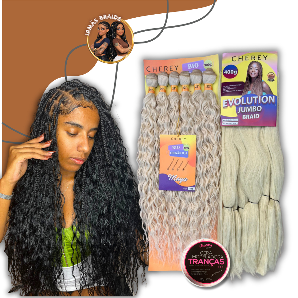 Cabelo Orgânico Cacheado Bio Maya 300g 60cm + Jumbo 400g Cherey Natural + Pomada 120g