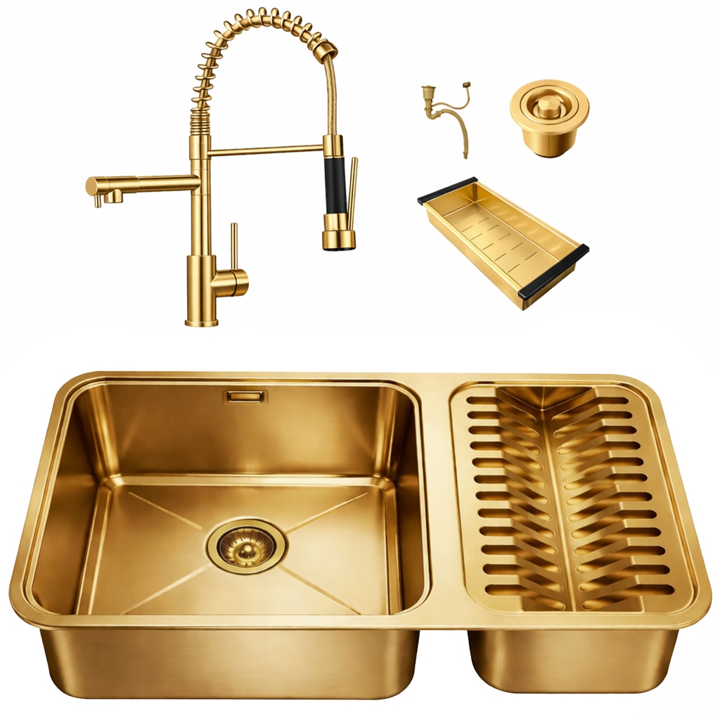 Kit Cuba Gourmet 64x40 Inox 304 Dourada com Escorredor Torneira Gourmet 2 Saídas Cozinha