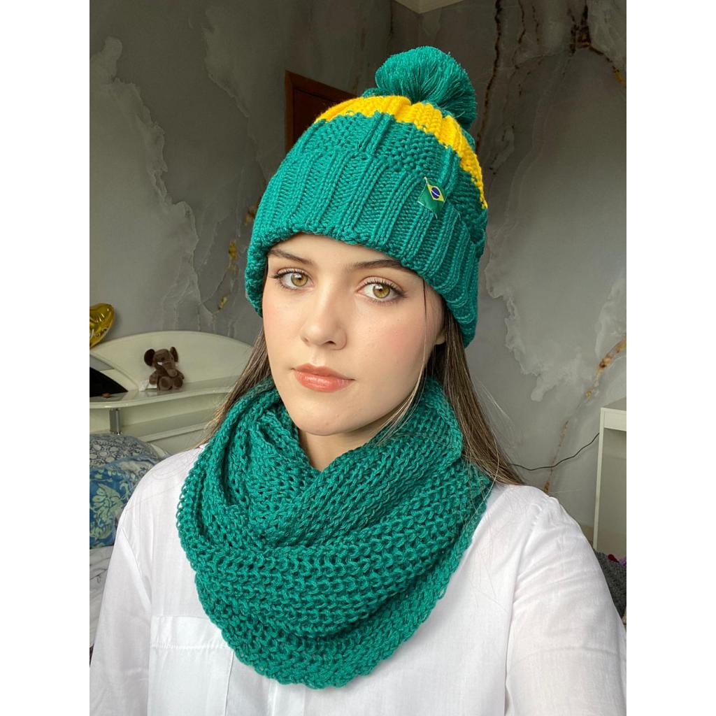 Kit Conjunto Gola Cachecol + Gorro Touca do Brasil Seleção para Copa