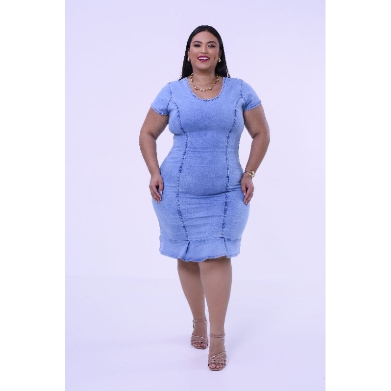 Vestido Jeans Plus Size Justo Modelador Feminino Cintura Marcada Levanta Bumbum Com Elastano G1 G2 G3 Moda Blogueira