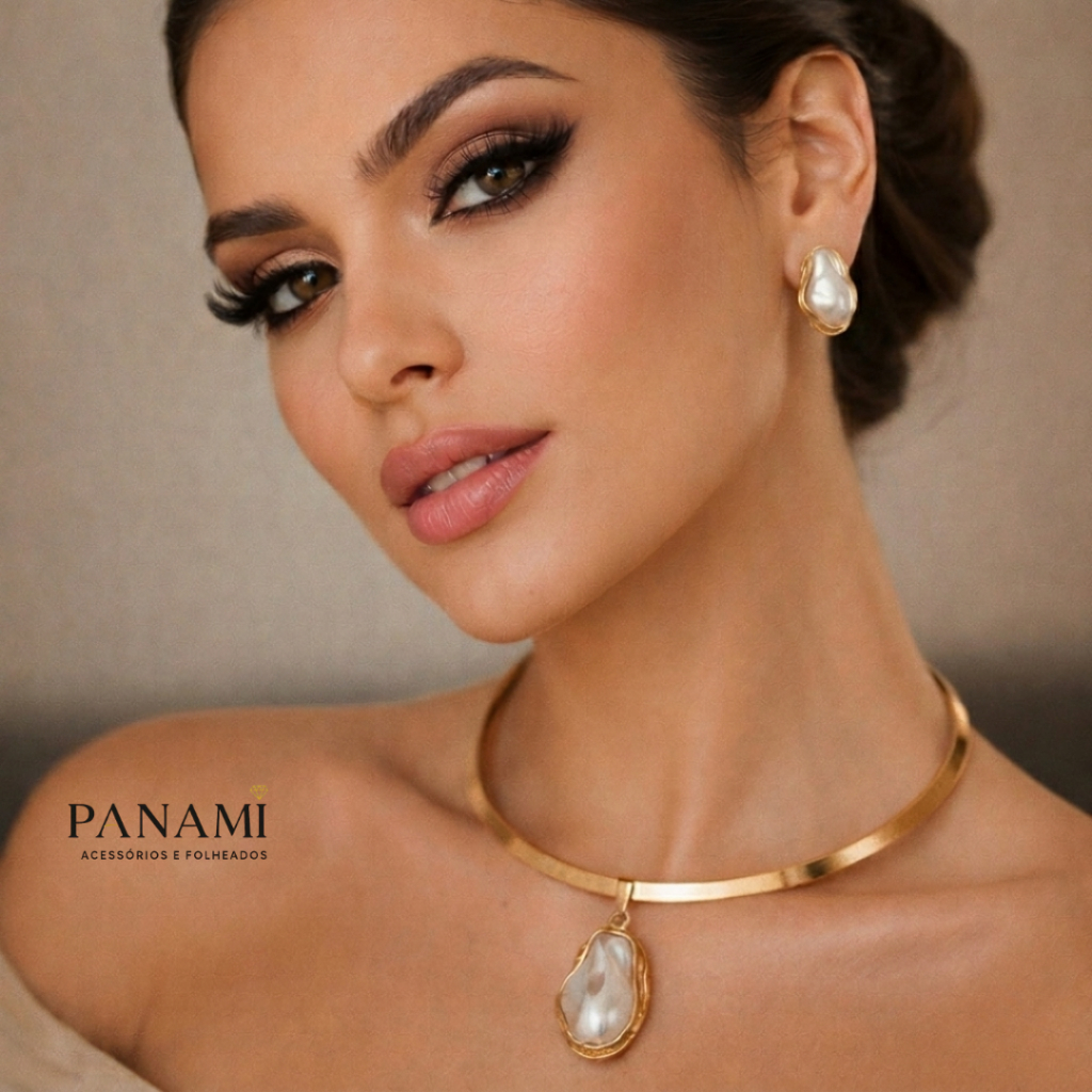 Conjunto Colar Choker aro Pérola Barroca + Brincos Feminino Dourado Luxo Elegante