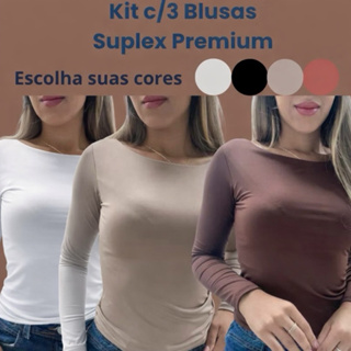 kit C/3 Blusas Manga Longa Basica Casual Feminina Verão Fresquinha Moda Gola Canoa em Oferta na Shopee