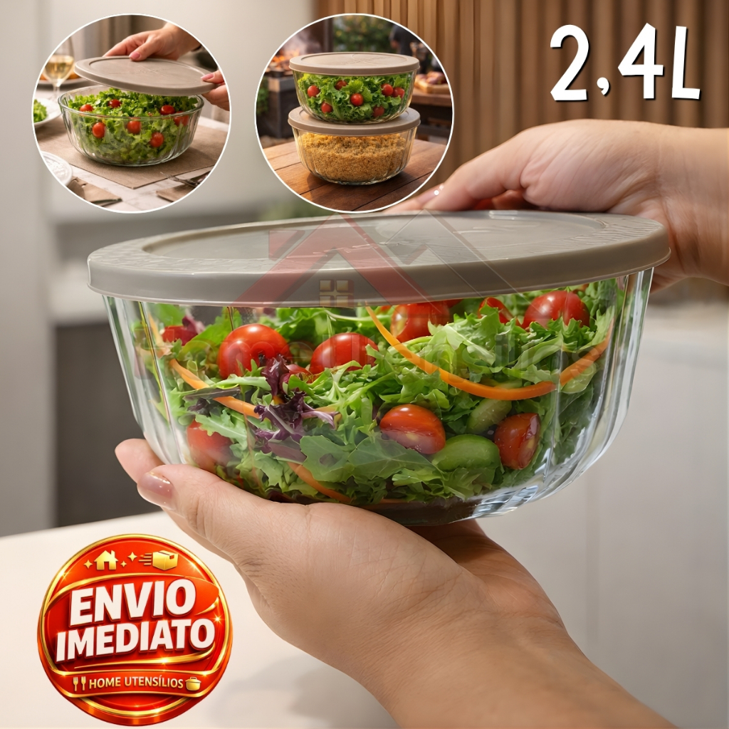 Tigela Saladeira De Vidro Pote Com Tampa Plástica 2,4 Litros Multiuso