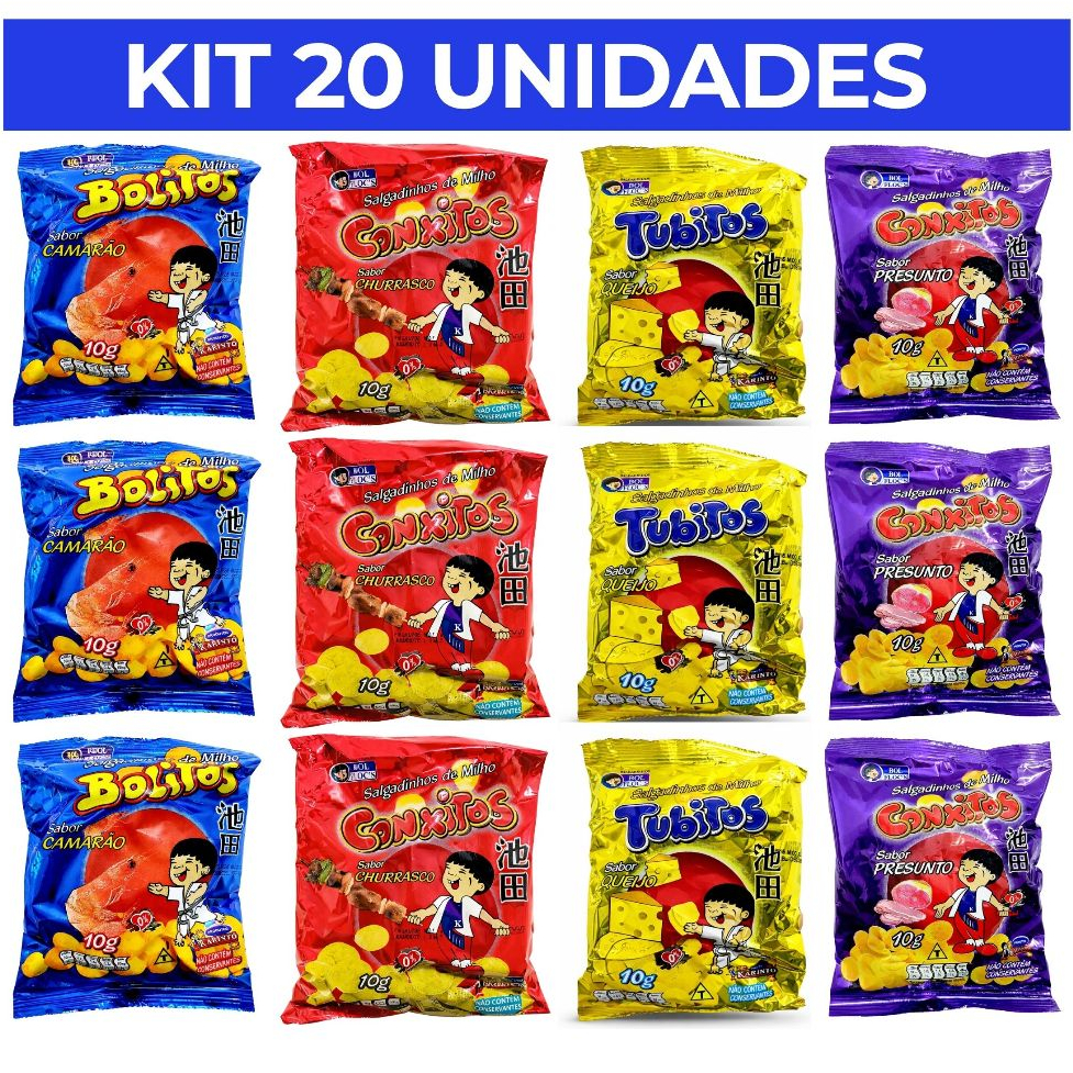 Kit 20 salgadinhos de 10g - Karintó | Queijo/churrasco/camarão/presunto | Lanche/lanchinho/lancheira | Nordeste