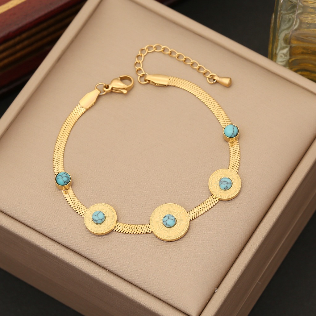 Pulseira Feminina Semi Joia Dourada Prateada com Pedra Natural Turquesa