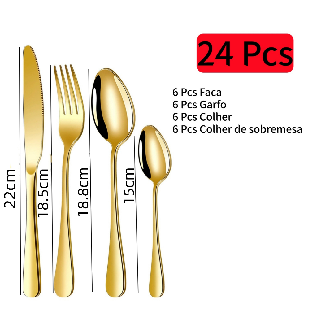 Jogo Aço Inox Mesa 24 Peças（6 Garfos 6 Facas 6 colheres 6 Colherinha）Buffet Restaurante Lanchonete