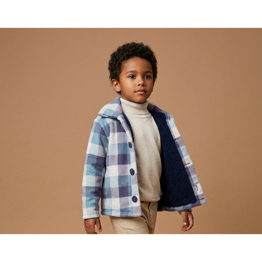 Roupa Menino Infantil Casaco Sherpa Quadriculado Azul Inverno