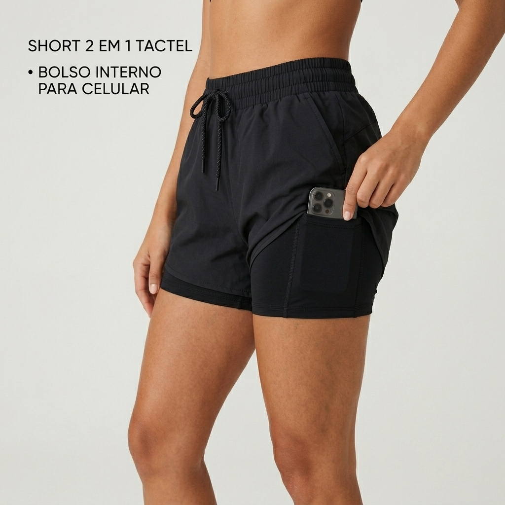 Short 2 em 1 tactel com bolso interno para celular confortável com forro compressão do M ao GG
