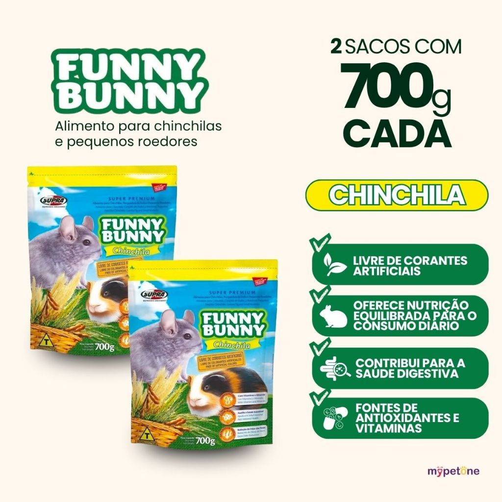 2 Ração Funny Bunny 700g Chinchila Porquinho da Índia e Hamster