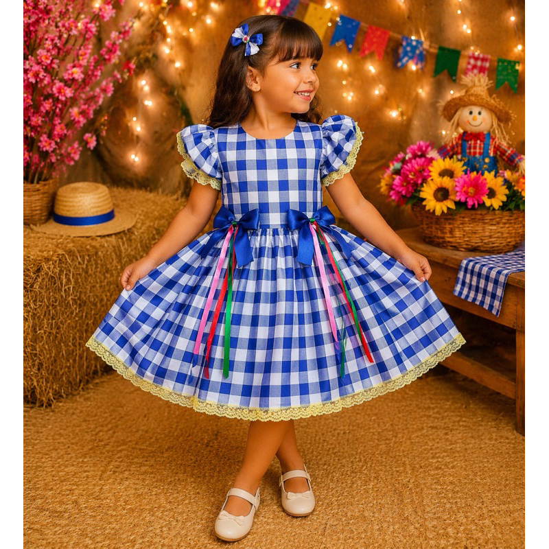 Vestido Festa Junina Infantil Azul Xadrez Luxo com Laços e Fitas Coloridas | Roupa Caipira Menina São João