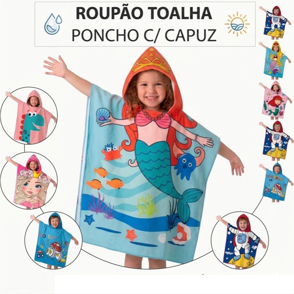 Roupão Infantil Poncho com Capuz Toalha para Piscina Praia Menino Menina Sereia Princeza Dinossauro