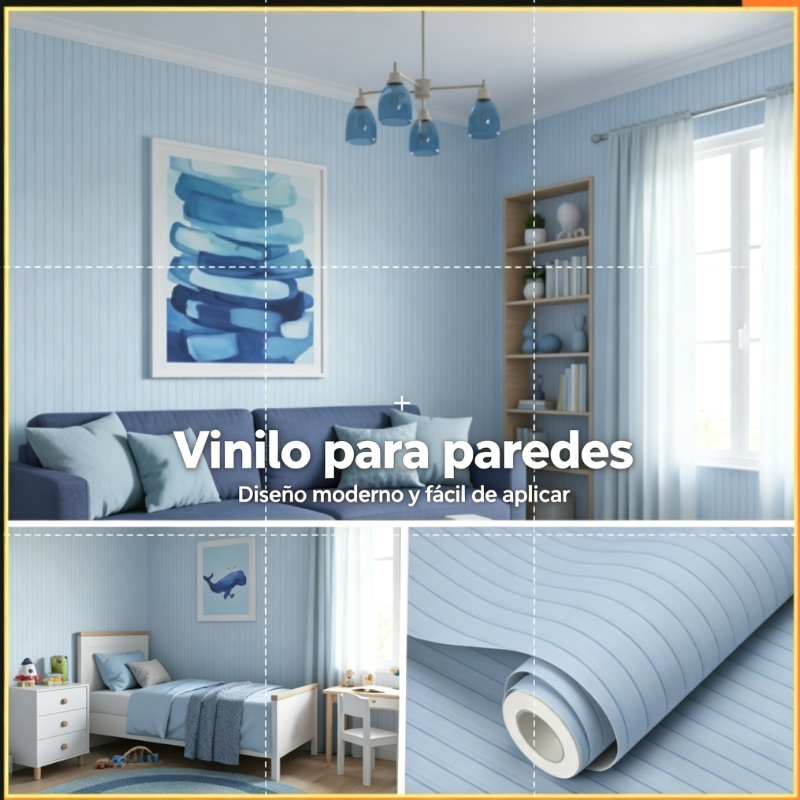 KIT1/2/3/4 Papel Adesivo Ripado Azul Claro 5 Metros x 45cm para Quarto infantil Azul Claro