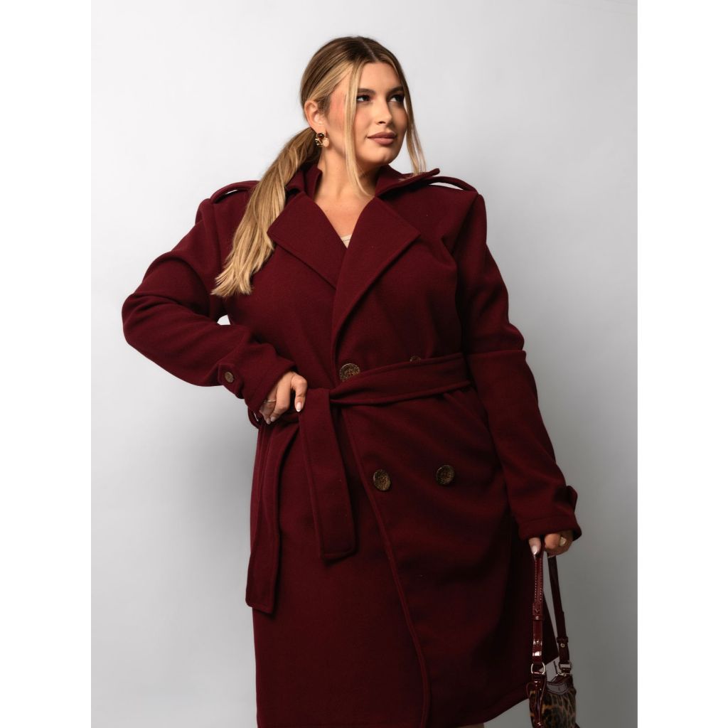 Sobretudo Longo Feminino Plus Size Com Cinto Lã Batida