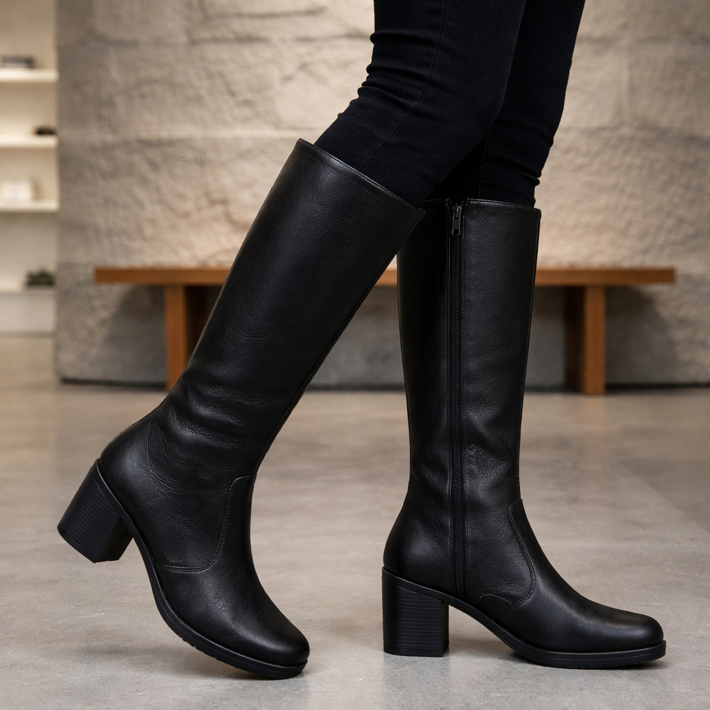 Bota Feminina Montaria Salto Bloco Cano Alto Bico Quadrado Elegante OFERTA