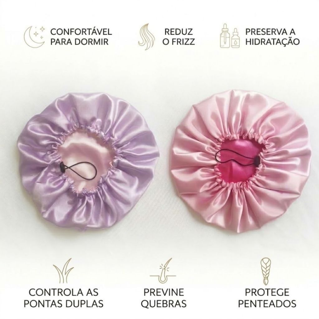 Touca de Cetim Dupla Face Anti Frizz para Dormir Cabelos Cacheados Crespos Lisos Mantém Cachos e Hidratação dos+ Xuxinh