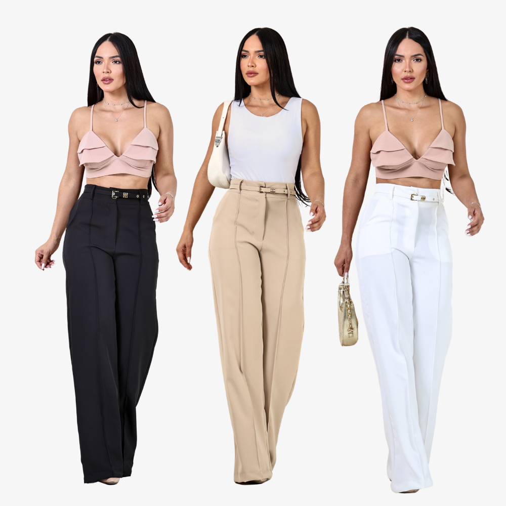 Calça Pantalona com vena Feminina Alfaiataria Cintura Alta Elegante Moderna Confortável Estilo