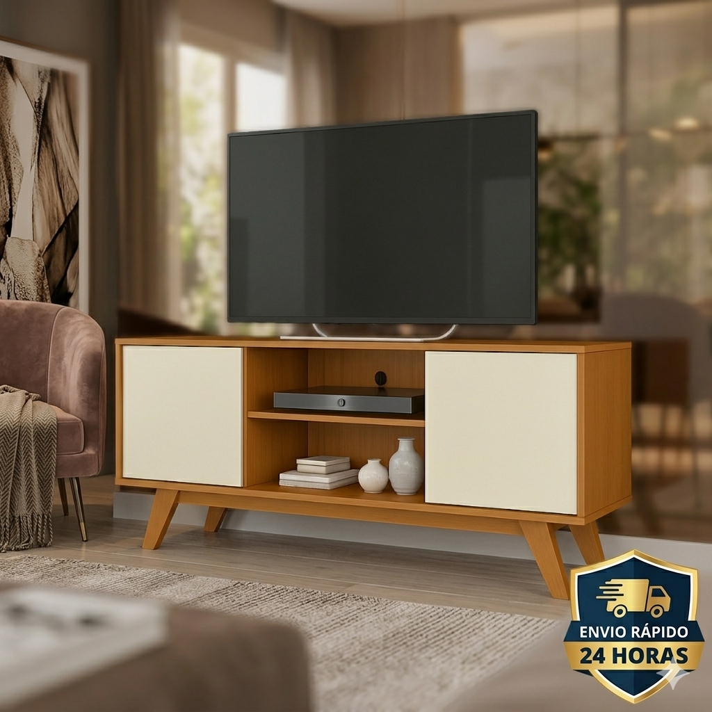 Rack Para TV 50 Pol. Turim – Pés em Madeira, Nichos e  2 Portas – Envio Rápido! em Oferta na Shopee