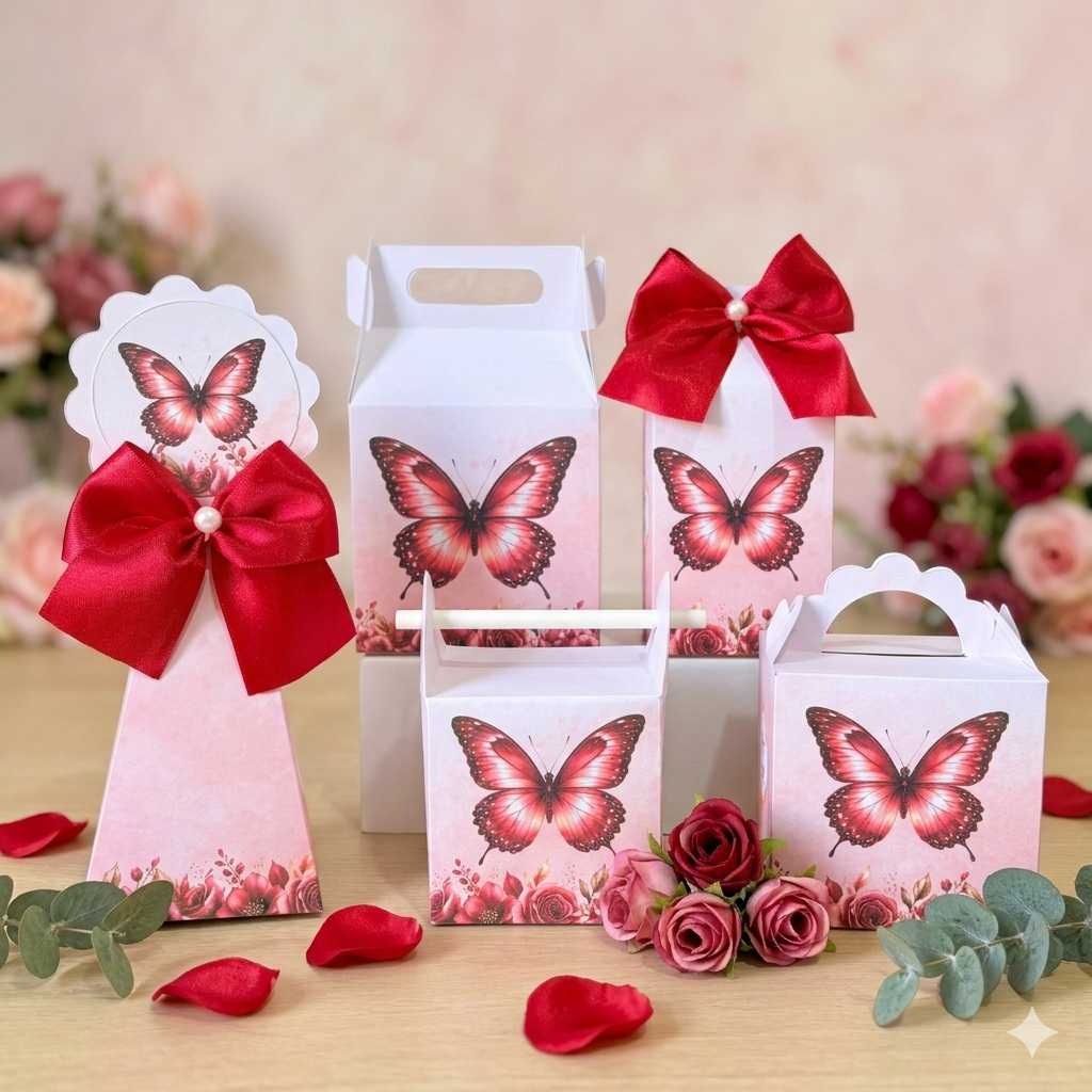 Kit festa Jardim das Borboletas Marsala Caixas Personalizada Lembrancinha Jardim Encantado  Vermelho Monte em Casa