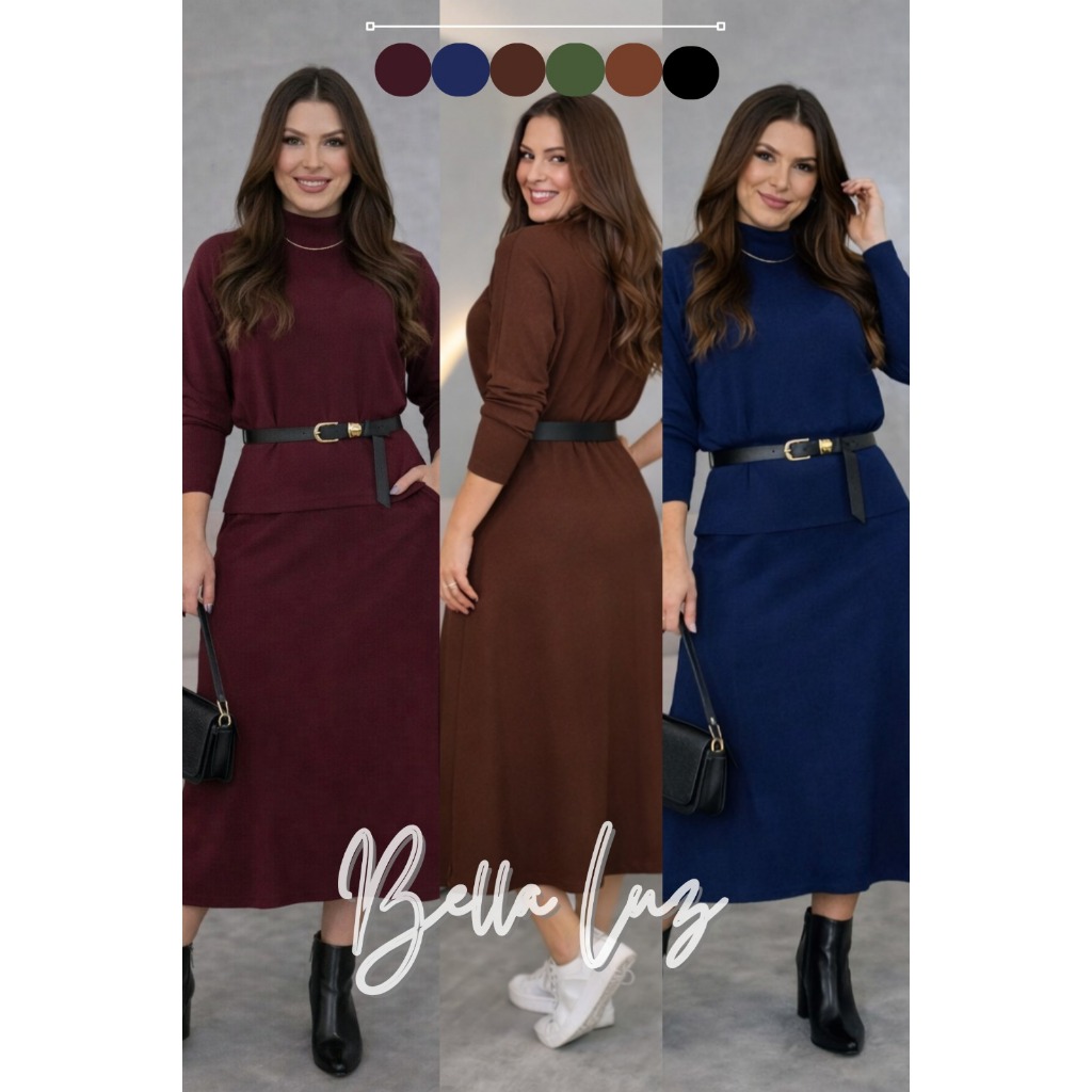Conjunto Feminino Evangélico Inverno Chic – Saia Midi + Blusa Manga Longa com gola alta
