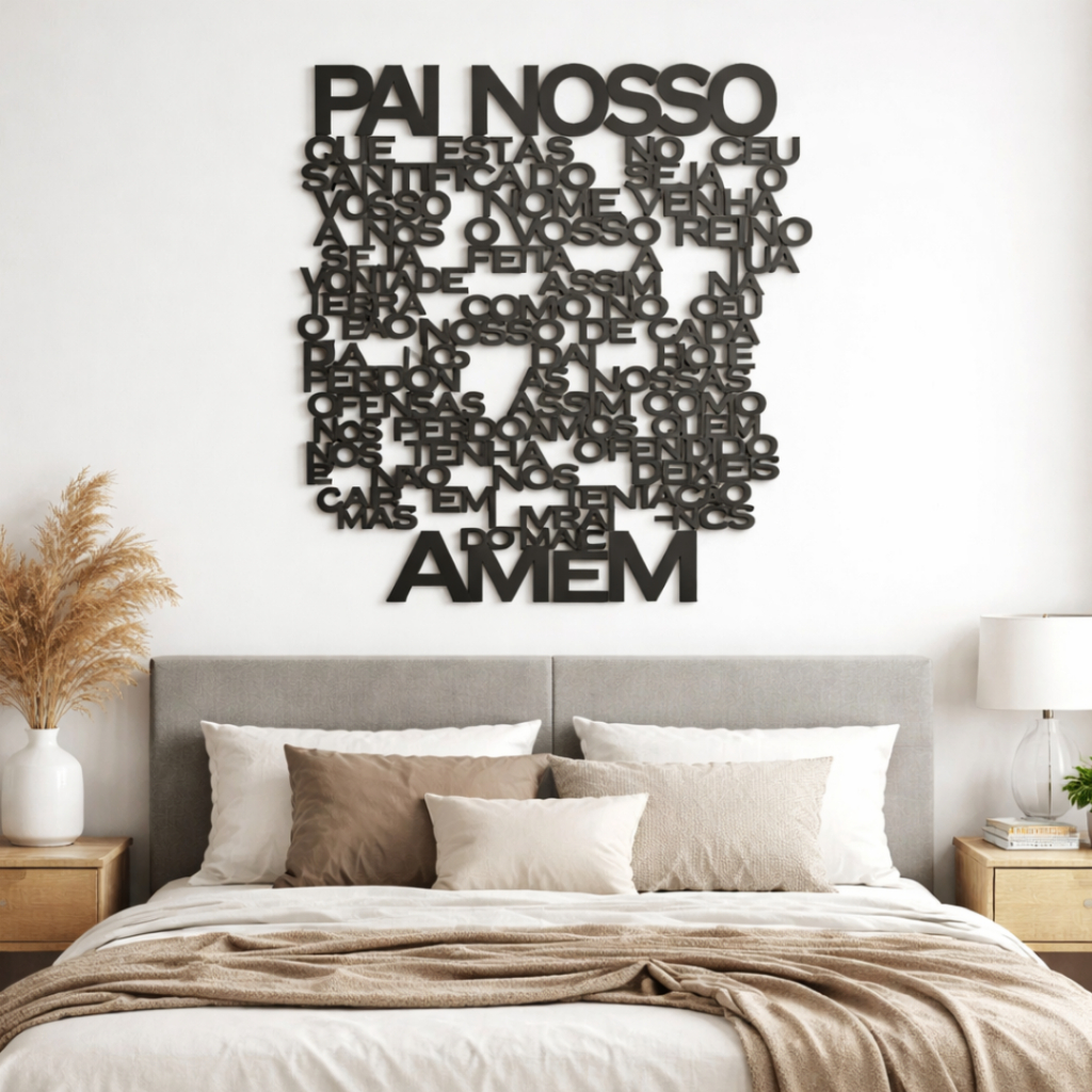 Quadro Decorativo Oração Pai Nosso Painél em Relevo MDF 3mm Preto Brilhante Vazado