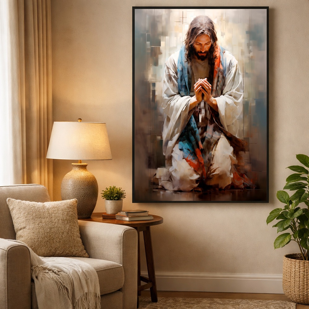 Quadro Religioso Jesus Orando 50x75cm Com Moldura Preta e Vidro Decoração Cristã