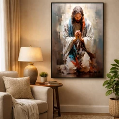 Quadro Religioso Jesus Orando 50x75cm Com Moldura Preta e Vidro Decoração Cristã Sala Quarto