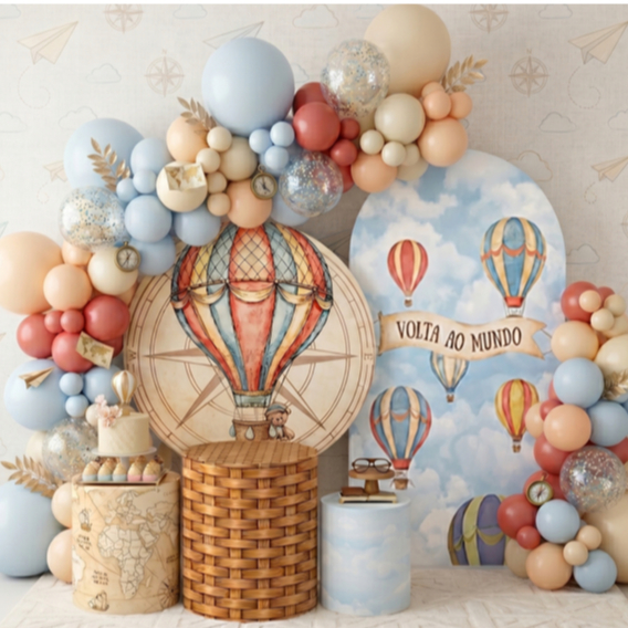 Kit Capas Cilindros + Painel 1,5 e Romano Decoração Infantil Festa Ursinho Baloeiro Tema Volta Ao Mundo