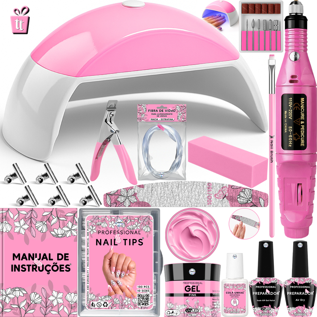 Kit Unha Gel Acrigel Fibra Para Iniciantes Completo Cabine estufa de Unhas e lixadeira elétrica Manicure Profissional