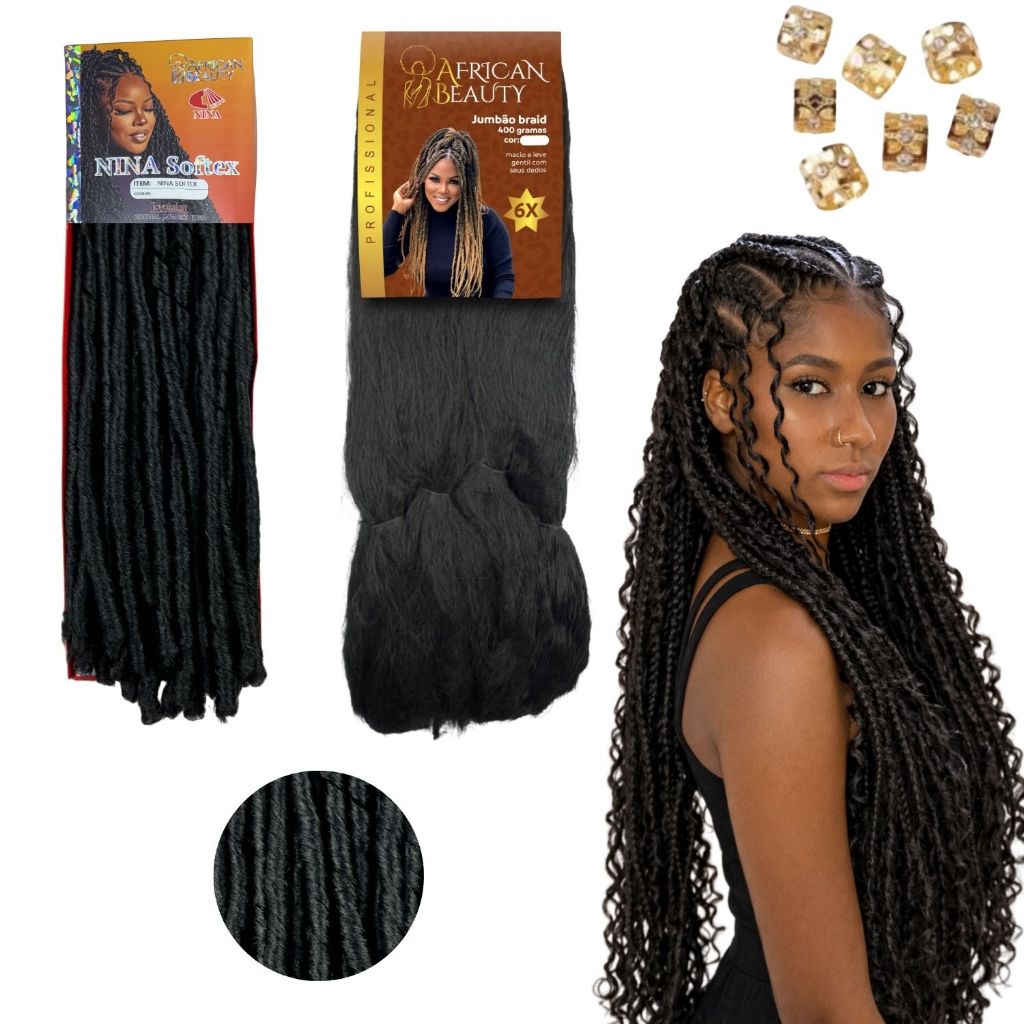 Kit Gypsy Braids Goddess Nina Cacheado Fibra Japonesa 100g e Jumbo Tranças Afro Cachos