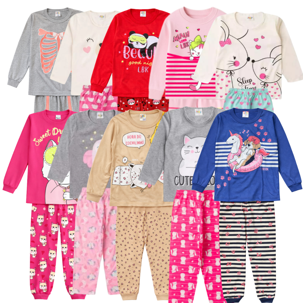 Kit pijama infantil frio estampado 2 conjuntos manga longa inverno calça e blusa menina criança
