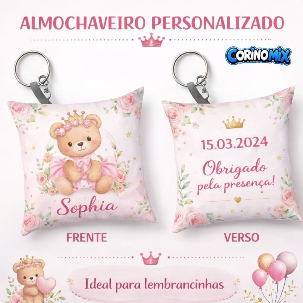 Almochaveiro Ursinha Princesa Personalizado Nome Lembrancinha Infantil Menina Delicado