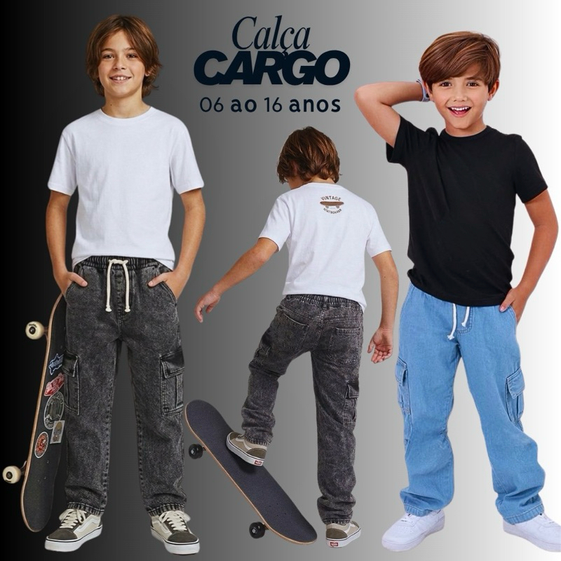 Calça Cargo Jeans Infantil Juvenil Menino Skatista bolsos lateral Elástico Regulador em Oferta na Shopee