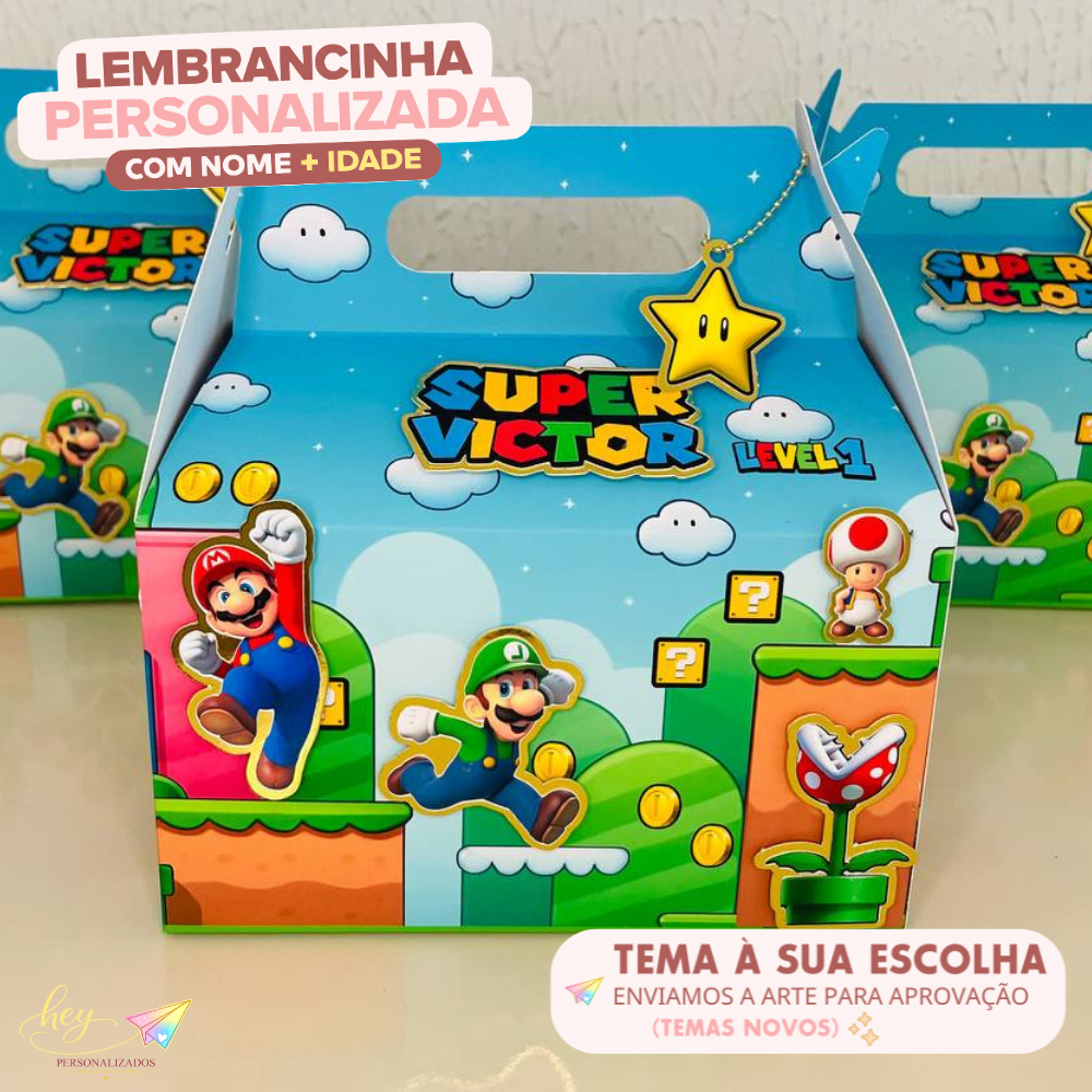 Lembrancinha Mario Personalizada | Caixa Maleta | Nome e Idade | Festa Escolar | Aniversário Infantil