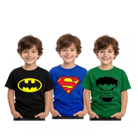 Kit 3 Camisetas Infantil Masculina Personagens Super Heróis Algodão Confortável