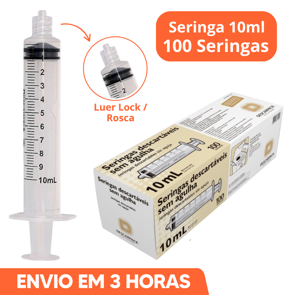 100un Seringa 10ml Bico Rosca Luer Lock Descartável Marca Descarpack