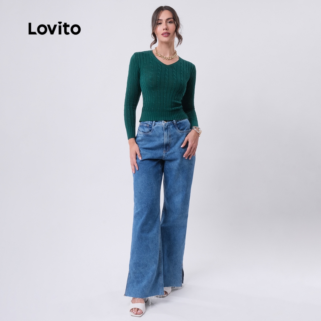Lovito Suéter Feminino Decote V com Detalhes SWB716BRL746