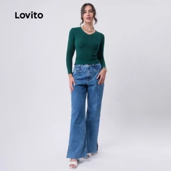Lovito Suéter Feminino Decote V com Detalhes SWB716BRL746