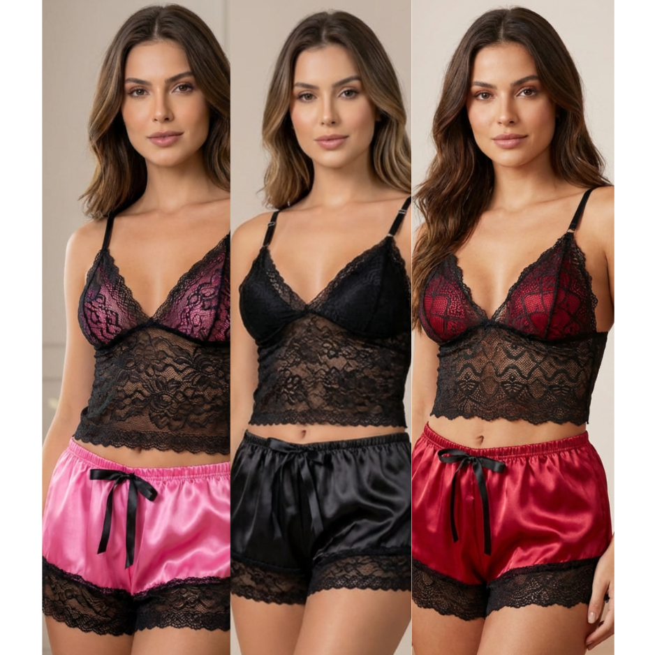 Kit 03 Peças Tamanho P Baby Doll Feminino Cetim  Renda Preta Conjunto Pijama Short e Blusa Renda Sensual l Noite Dormir