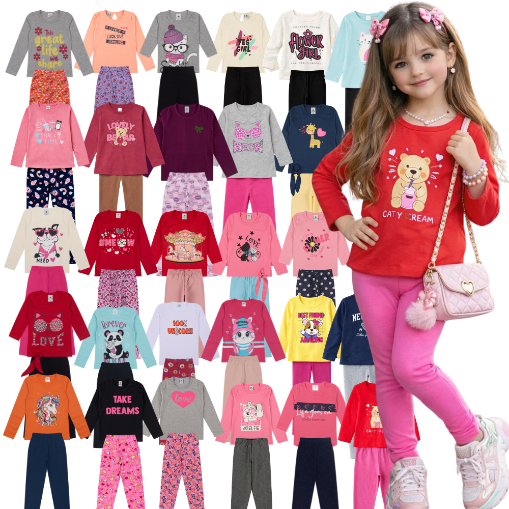 Kit 4 Peças Conjunto Meia Estação Menina do Tamanho 1 a 10 Anos | Blusa + Calça Legging Infantil - Envio Sortido