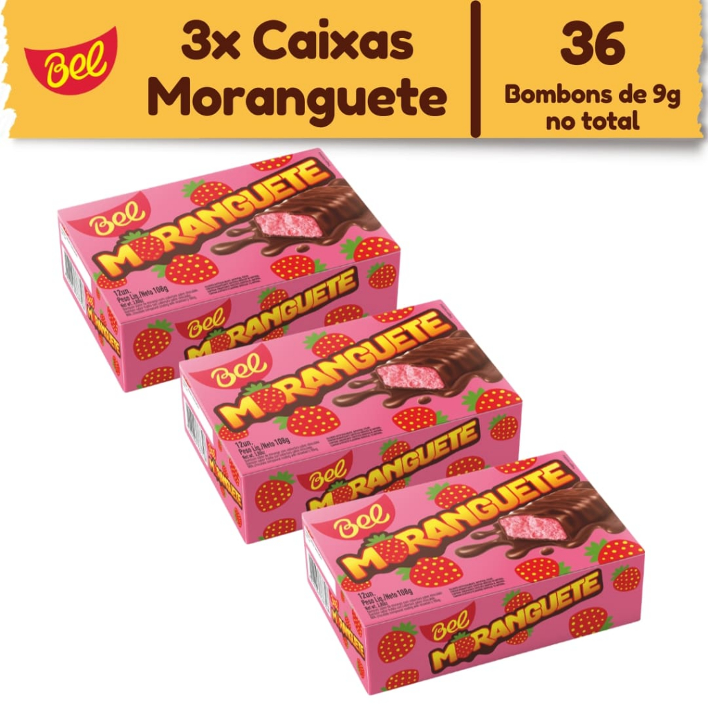Kit 3x Caixas Bombom Moranguete com 12un de 9g Bel Sabor Morango com Cobertura Sabor Chocolate em Oferta na Shopee