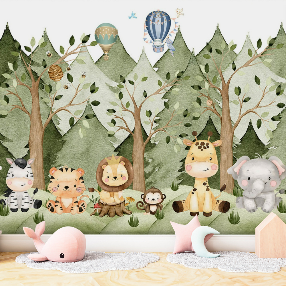 Papel De Parede Adesivo Infantil Safari Animais Na Floresta - Vinil Autocolante