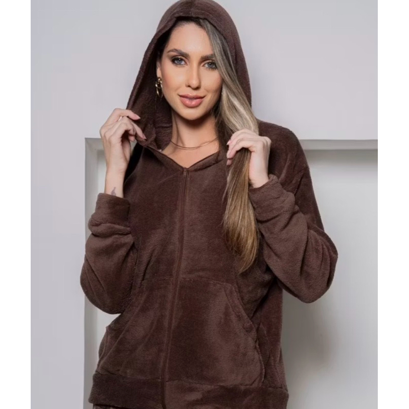JAQUETA FEMININA DE FRIO COM CAPUZ E ZÍPER CASACO PELINHOS BLUSÃO INVERNO BLUSA