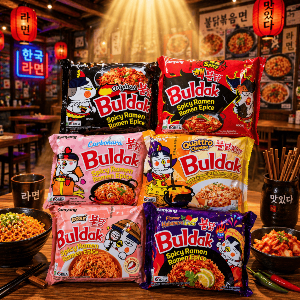 Macarrão Lamen Coreano Buldak variados, hot chicken, Carbonara, Queijo, super apimentado