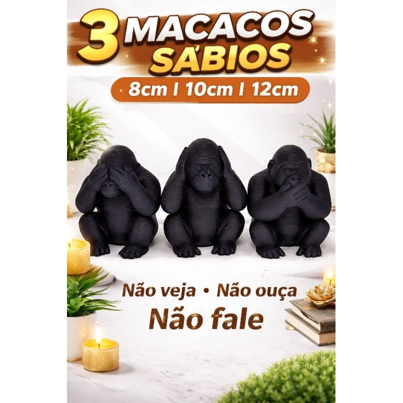 Imagem 3 Macacos Sábios Decorativos | Não Vejo, Não Ouço, Não Falo | Kit Estátuas 8cm 10cm 12cm | Decoração Zen