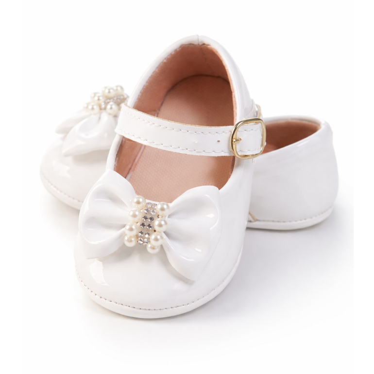Sapatilha Bebê Branco Menina Sapatinho Laço Pérolas Estilo Princesa Confortável Batizado Festa