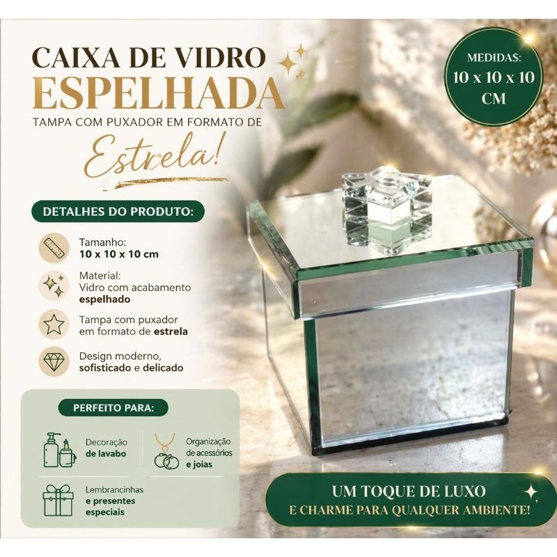 Caixa 10x10x10 com tampa puxador estrela Porta joias Porta trecos espelhada